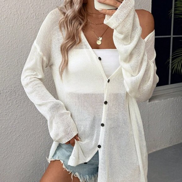 White Casual Women's Solid Color Loose Drop Shoulder See Through Cardigan - Picture 1 of 6